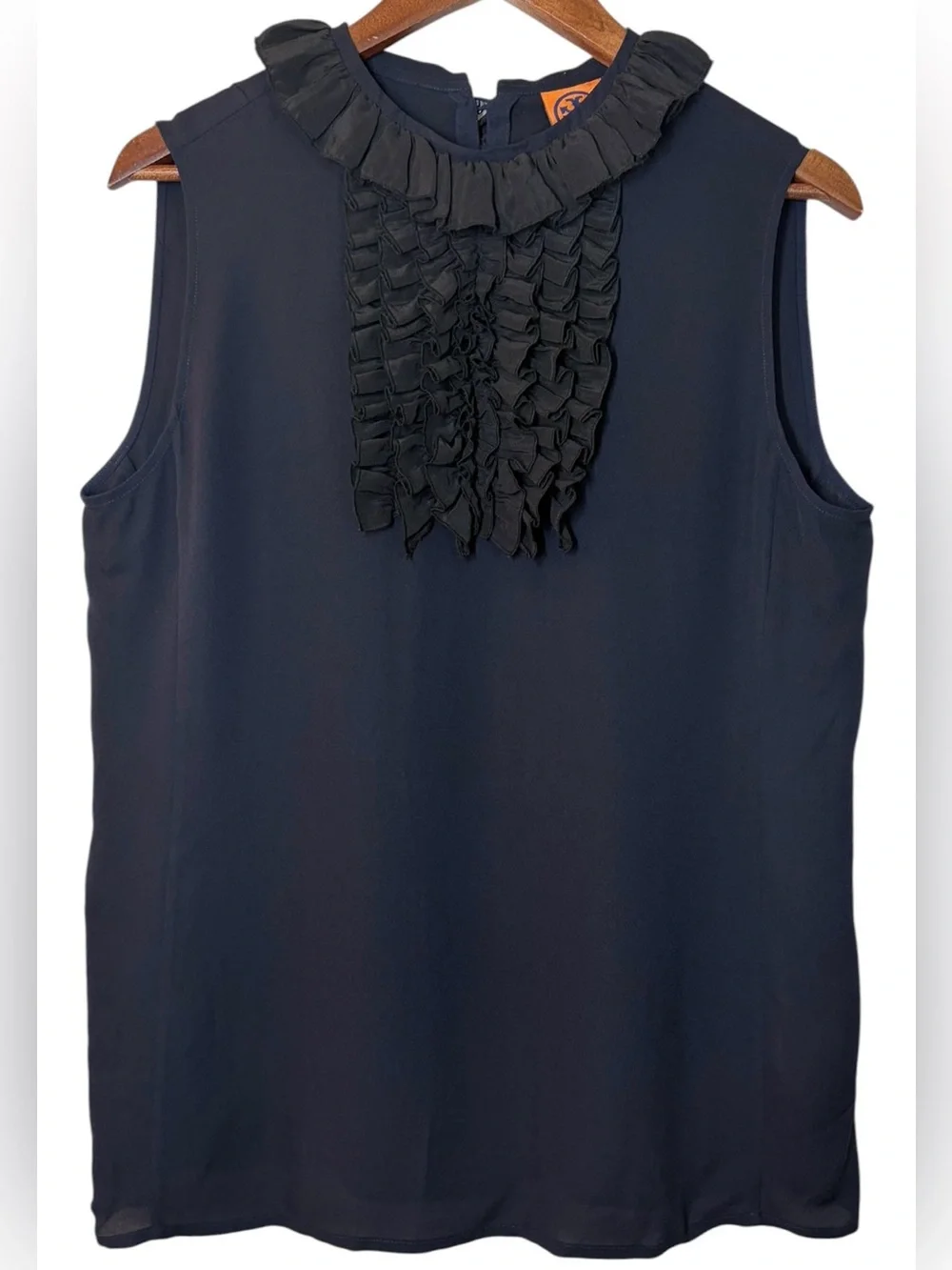 Tory Burch SILK Ruffled Bib Collar Sleeveless Blouse Top Navy Black Size 12